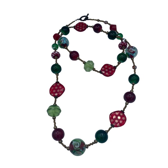 Art necklace multicolour long necklace large beads bronze seed beads whimsical - Picture 8 of 11